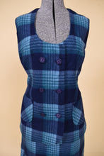 Load image into Gallery viewer, Vintage blue plaid vest and skirt set is shown in close up. This set is handmade from the 1970&#39;s. 
