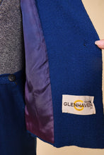 Load image into Gallery viewer, Vintage 50&#39;s tailored cobalt blue wool skirt suit is shown in close up. This vintage set has a Glenhaven tailoring LTD tag.
