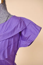 Load image into Gallery viewer, Vintage fifties purple cotton dress by Brief Measure is shown in close up. This dress has cap sleeves.