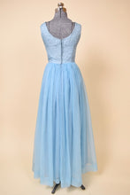 Load image into Gallery viewer, Vintage handmade pastel blue Cinderella ball gown is shown from the back. This gown has a low cut scoop back. 
