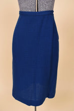Load image into Gallery viewer, Vintage 1950&#39;s blue wool midi pencil skirt set is shown from the front. This wool skirt has a high waisted fit. 
