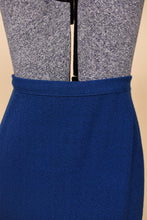 Load image into Gallery viewer, Vintage navy blue wool 50&#39;s pencil skirt suit is shown in close up. 
