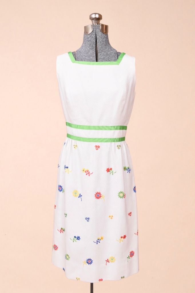 White 60s Embroidered Floral Dress with Green Trim By Mitch Robert, S