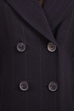 Load image into Gallery viewer, Vintage black pinstripe tailored wool jacket by Charles Chang Lima is shown in close up. This double breasted blazer has six buttons on the front. 
