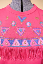 Load image into Gallery viewer, Vintage hot pink puffy paint glitter geometric design top by JLC is shown in close up. This top has fringe across the bust.

