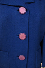 Load image into Gallery viewer, Vintage 50&#39;s blue wool boxy structured blazer by Lane Shops is shown in close up. 
