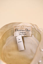 Load image into Gallery viewer, Vintage 1950's designer couture turban is shown from the inside. This bejeweled satin turban is by the brand Christian Dior Chapeaux Paris New York.