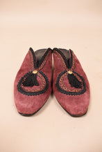 Load image into Gallery viewer, Red and black suede Italian mules are shown from the front. These mules have a slightly pointed toe.
