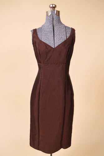 Vintage 1990's brown silk cotton blend tank midi dress by Talbots is shown from the front. This dress has a subtle empire waist. 