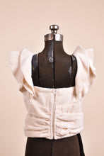 Load image into Gallery viewer, Vintage new with tags white terry cloth ruffle top by Koch is shown from the back. 

