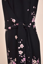 Load image into Gallery viewer, Vintage black and pastel pink polyester floral dress is shown in close up.