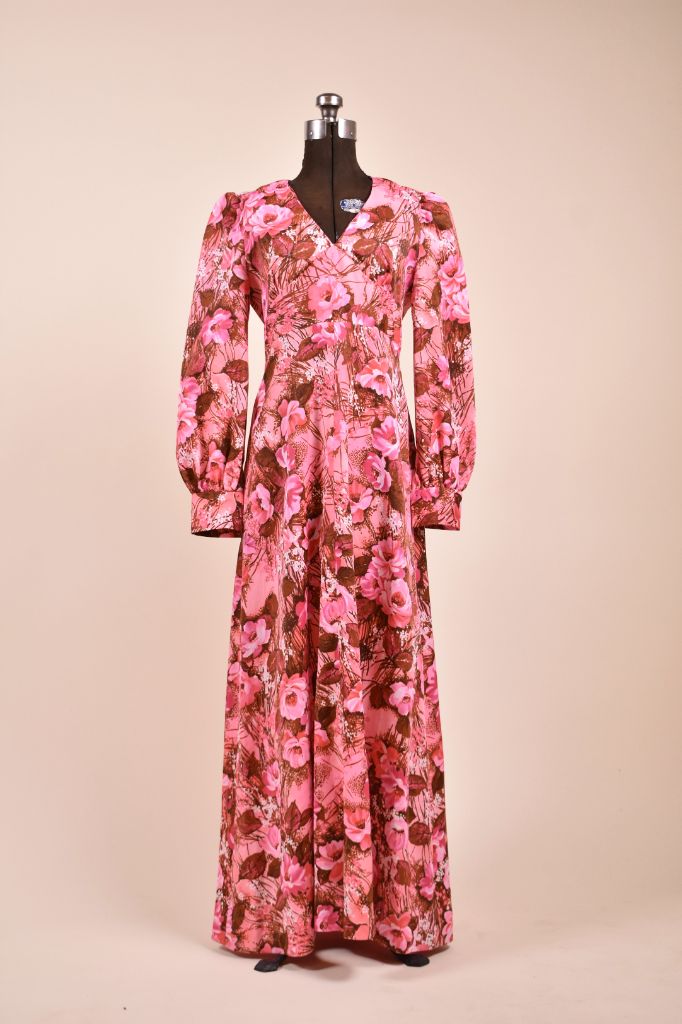 Pink Floral Puff Sleeve Hippie Maxi Dress, M
