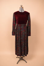 Load image into Gallery viewer, Burgundy 80s Dress With Smocked Velvet Bodice, by Karin Stevens, L

