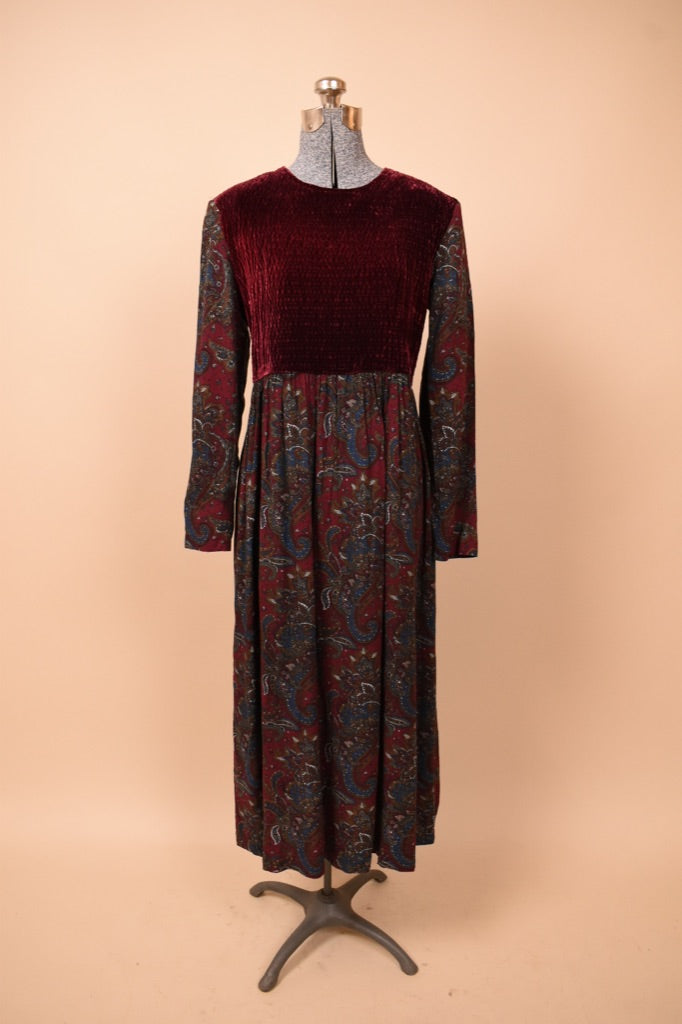 Burgundy 80s Dress With Smocked Velvet Bodice, by Karin Stevens, L