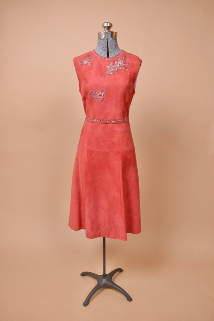60s Pink Faux Suede Rhinestone Dress by Samuel Robert, S