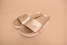 Load image into Gallery viewer, Designer Silver Metallic Slides, by Stuart Weitzman, W8/8.5
