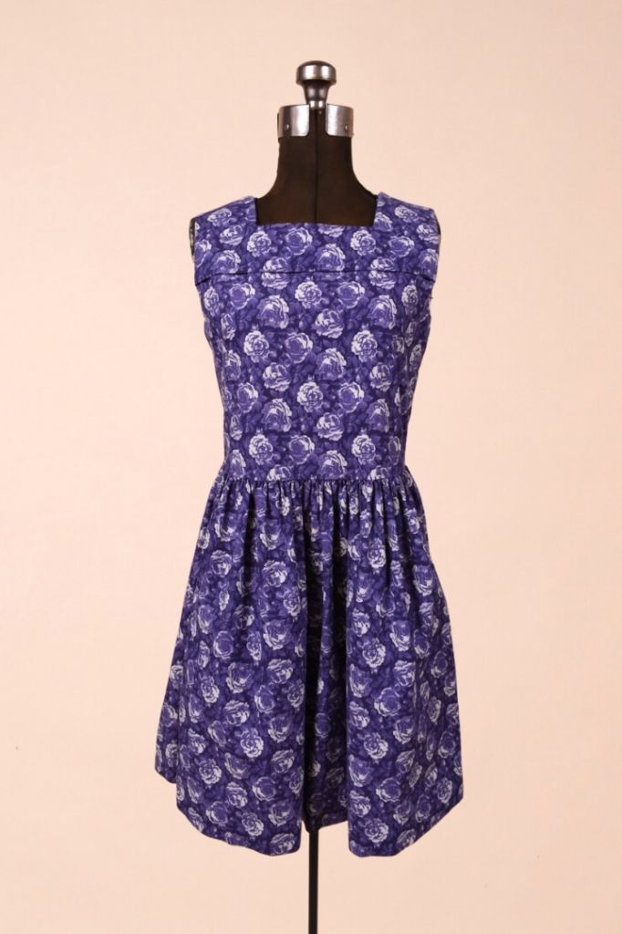 Purple Rose Print 80s Cotton Dress By Laura Ashley is shown from the front full length