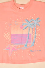 Load image into Gallery viewer, Closeup of 1980&#39;s Florida Keys tee front. The front features a beach scene and palm trees.
