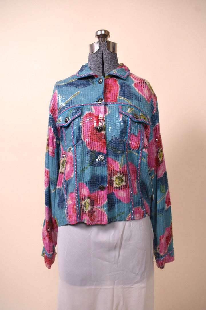 Light Blue and Pink Shiny Floral Jacket By Sandy Tarkman