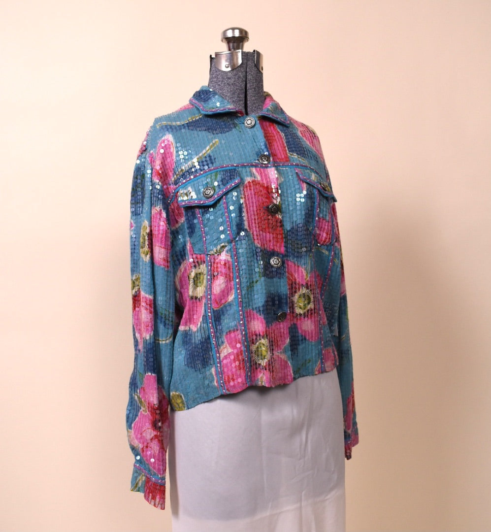 Light Blue and Pink Shiny Floral Jacket By Sandy Tarkman