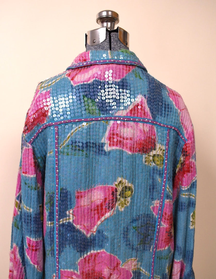 Light Blue and Pink Shiny Floral Jacket By Sandy Tarkman