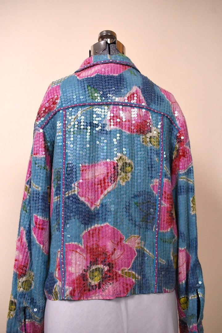 Light Blue and Pink Shiny Floral Jacket By Sandy Tarkman