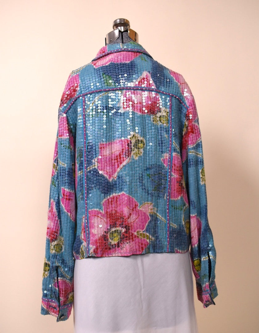 Light Blue and Pink Shiny Floral Jacket By Sandy Tarkman
