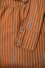 Load image into Gallery viewer, Late 1960s Orange Blue Green Stripe Silver Button Mini Dress By Marimekko, close up details of cuffs.
