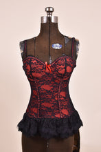 Load image into Gallery viewer, Red Bustier Top with Black Lace as shown from the front
