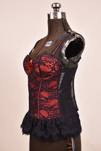 Load image into Gallery viewer, Red Bustier Top with Black Lace as shown from the side
