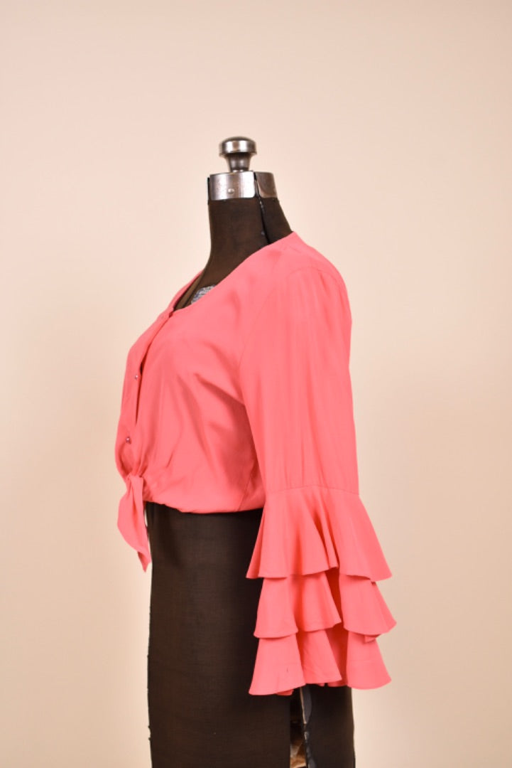 Hot Coral 80s Ruffle Sleeve Cropped Tie Top from side