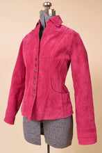 Load image into Gallery viewer, Pink suede jacket is shown from the side. This jacket has long sleeves.
