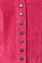 Load image into Gallery viewer, Pink suede jacket snaps are shown up close. There are seven metal snaps.
