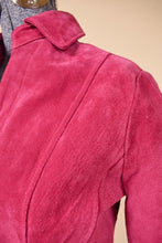 Load image into Gallery viewer, Pink suede jacket is shown up close. The jacket has princess seams.
