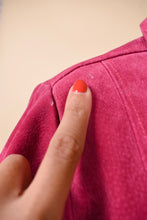 Load image into Gallery viewer, Pink suede jacket shoulder is shown up close. There is a slight discoloration.
