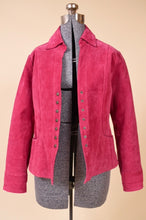 Load image into Gallery viewer, Pink suede jacket is shown from the front. The front is open in this photo.
