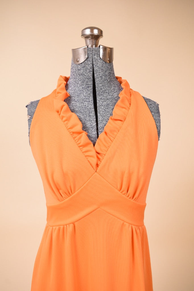 Orange 70s Ruffle Trim Gown, XS/S: Neckline Ruffle Detail