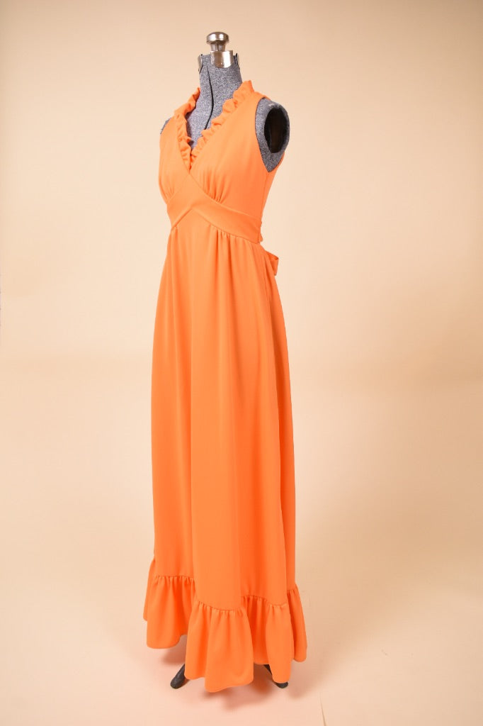 Orange 70s Ruffle Trim Gown, XS/S: Shown from Side