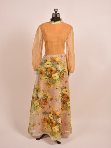 Golden Floral Goddess 70s Maxi Dress as shown from the front