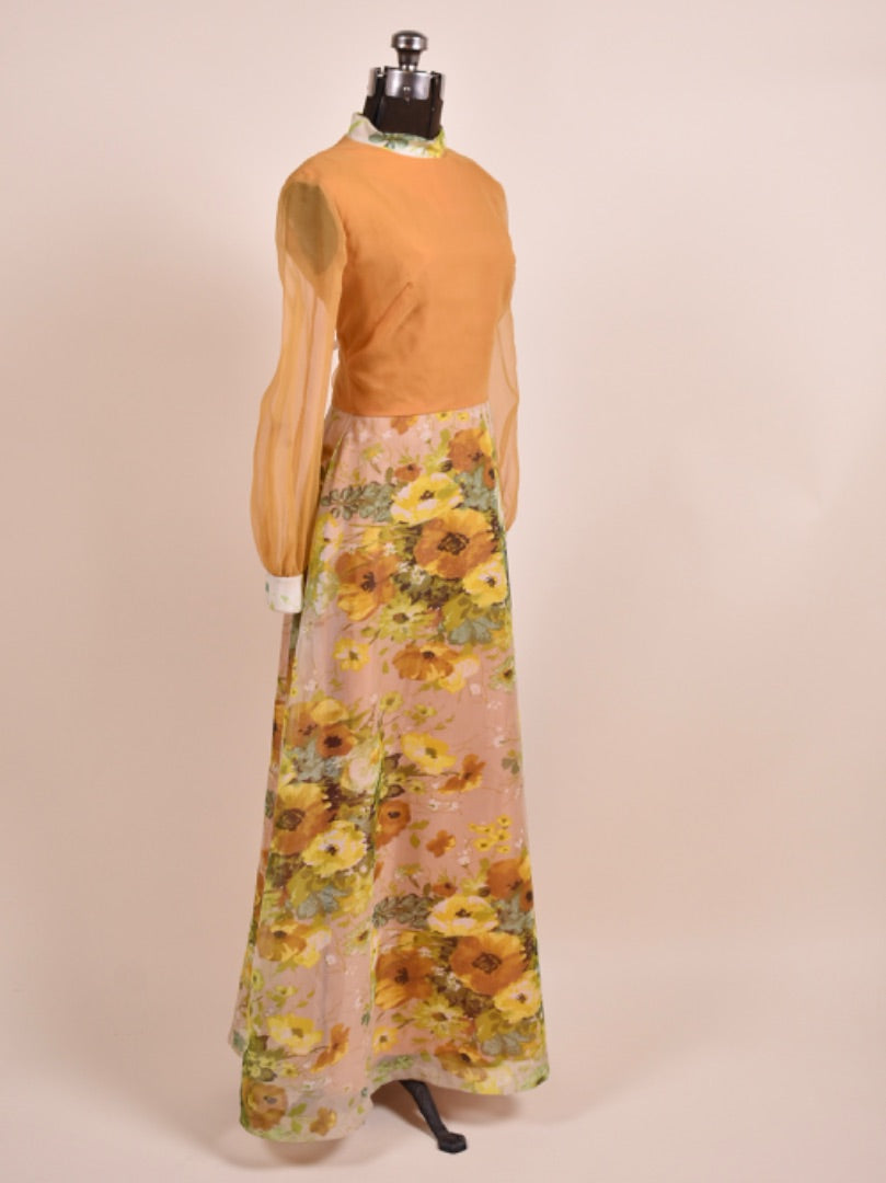 Golden Floral Goddess 70s Maxi Dress as shown from the side