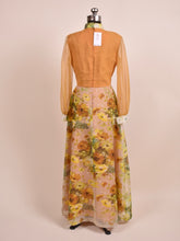 Load image into Gallery viewer, Golden Floral Goddess 70s Maxi Dress as shown from the back
