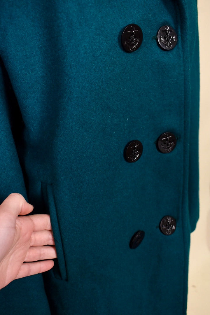 Juniper Coat — USA-made teal wool peacoat pocket