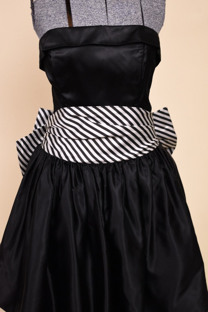 Black 80s Satin Strapless Gown: Black and White Striped Sash Detail