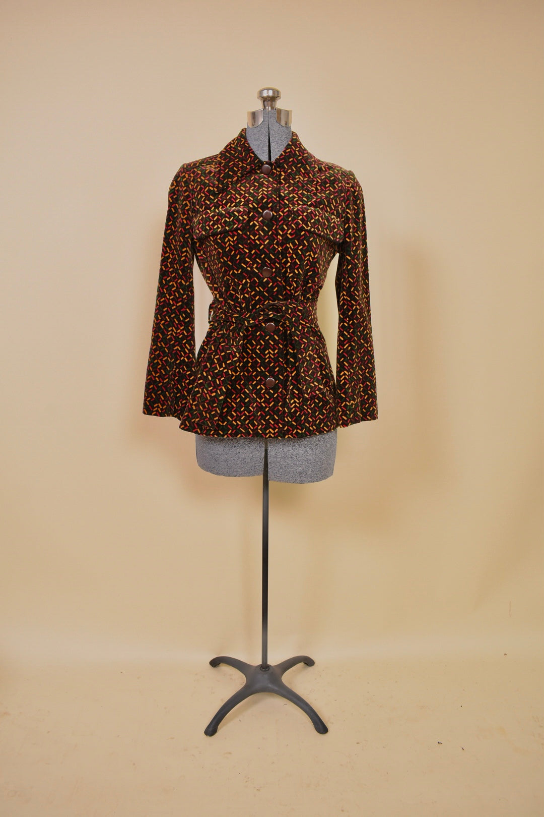 Brown 1970s Velvet Three Piece Set by Miss Dior, S/M. Jacket pictured from front.