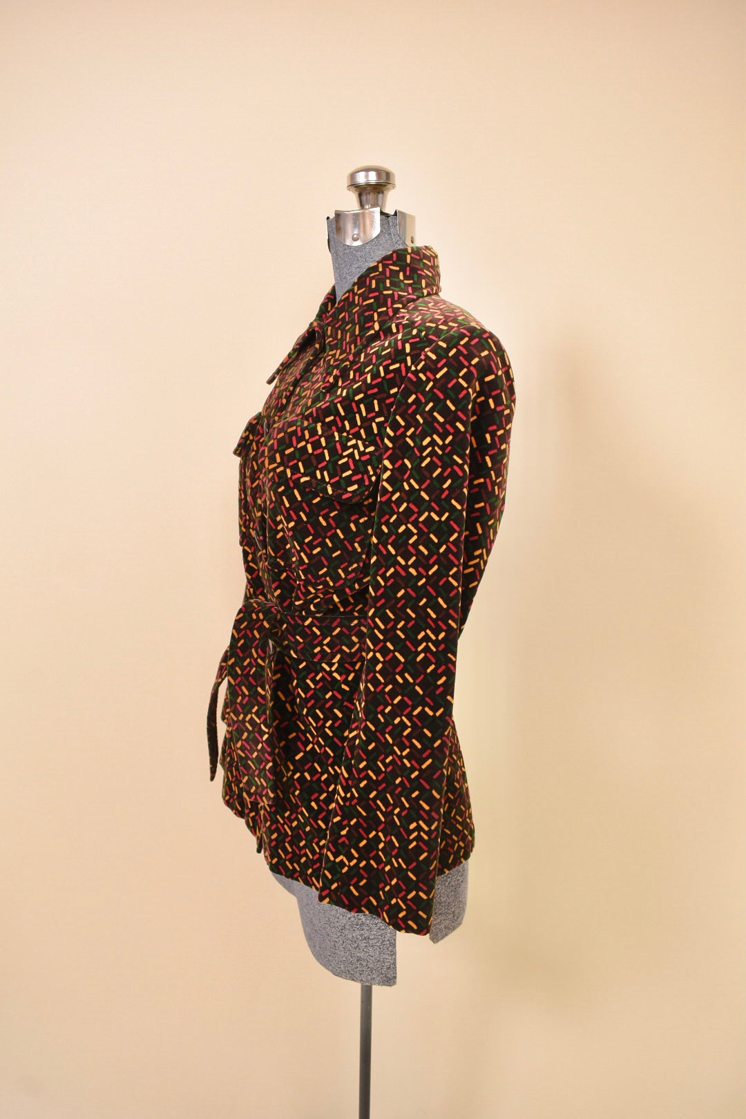 Brown 1970s Velvet Three Piece Set by Miss Dior, S/M. Jacket pictured from side