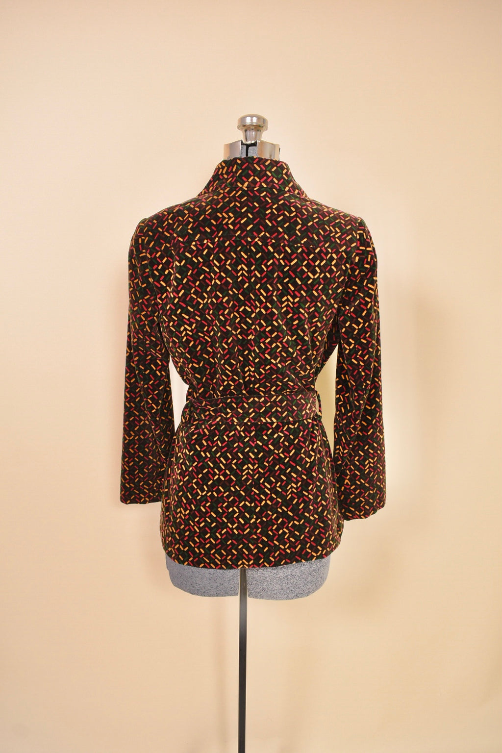 Brown 1970s Velvet Three Piece Set by Miss Dior, S/M. Jacket pictured from side.