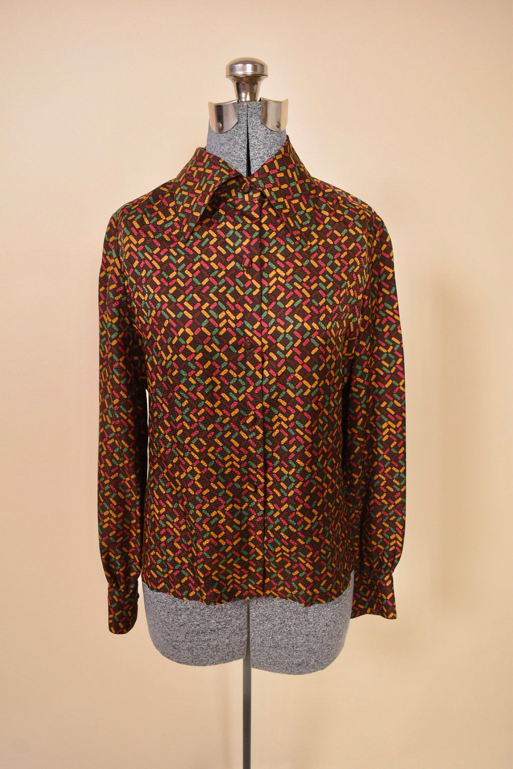 Brown 1970s Velvet Three Piece Set by Miss Dior, S/M. Blouse pictured from front.