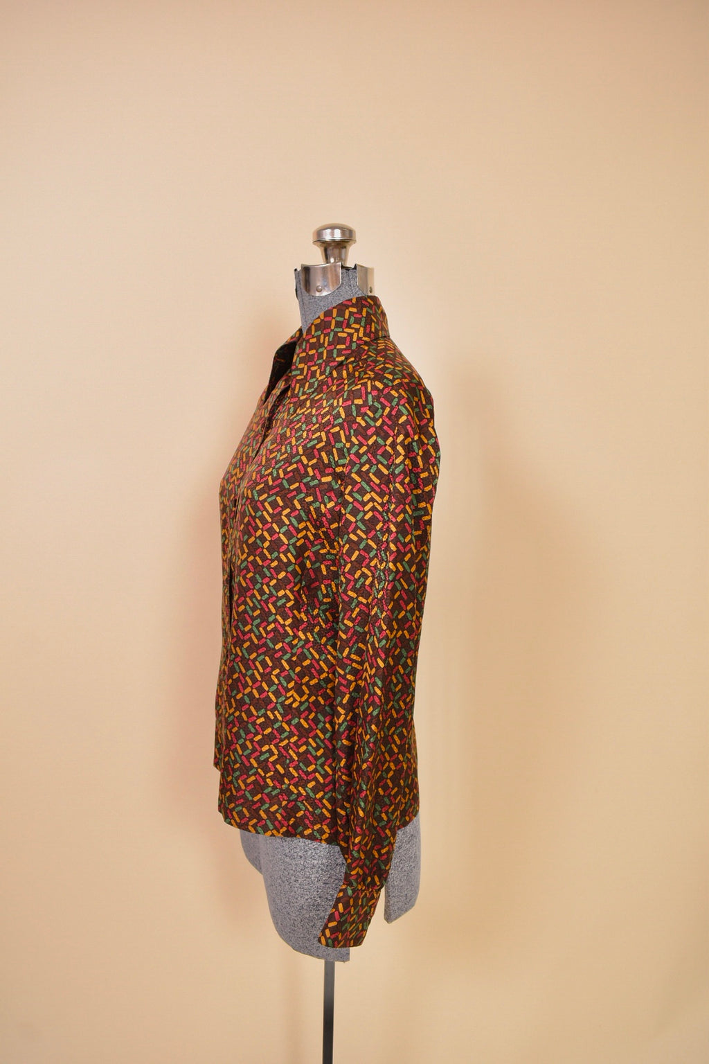 Brown 1970s Velvet Three Piece Set by Miss Dior, S/M. Blouse pictured from side.