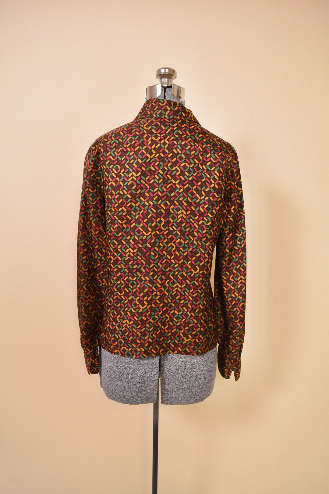 Brown 1970s Velvet Three Piece Set by Miss Dior, S/M. Blouse pictured from back.