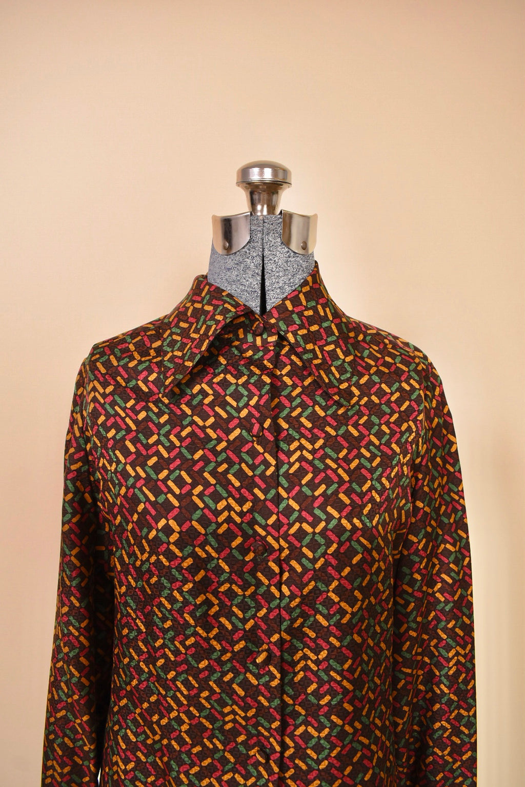 Brown 1970s Velvet Three Piece Set by Miss Dior, S/M. Blouse close up.
